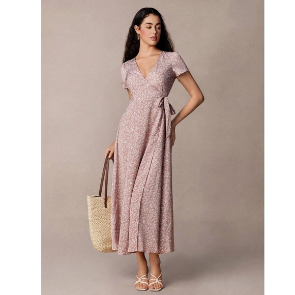 Dusty Pink Floral Print Long Wrap Dress - Picture 9 of 14